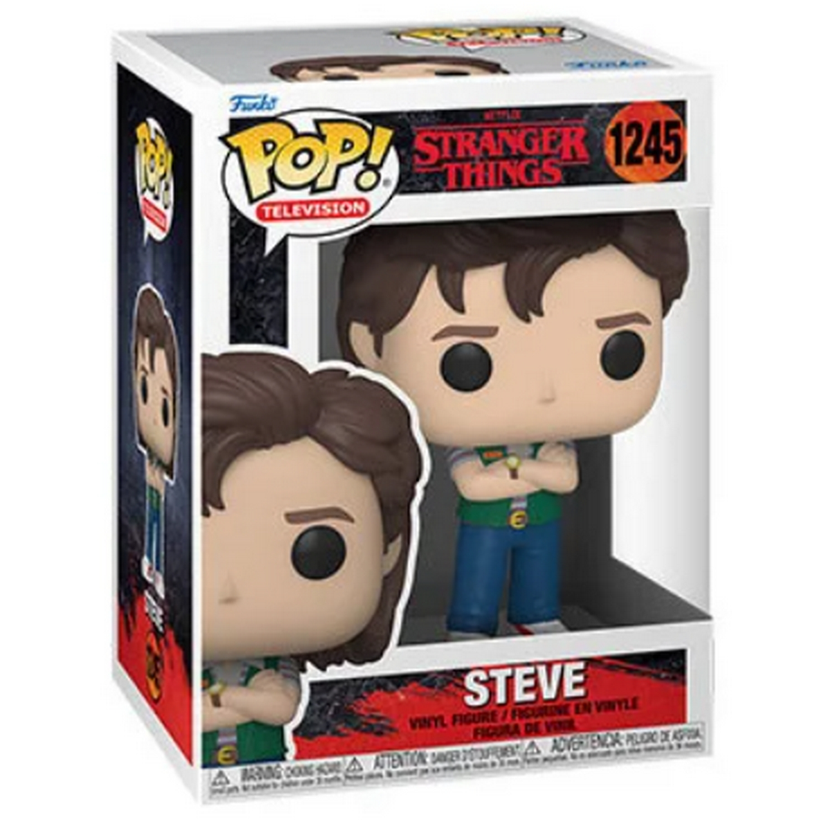 Funko Pop Box von Steve aus Stranger Things, mit zwei Bildern der Figur.
