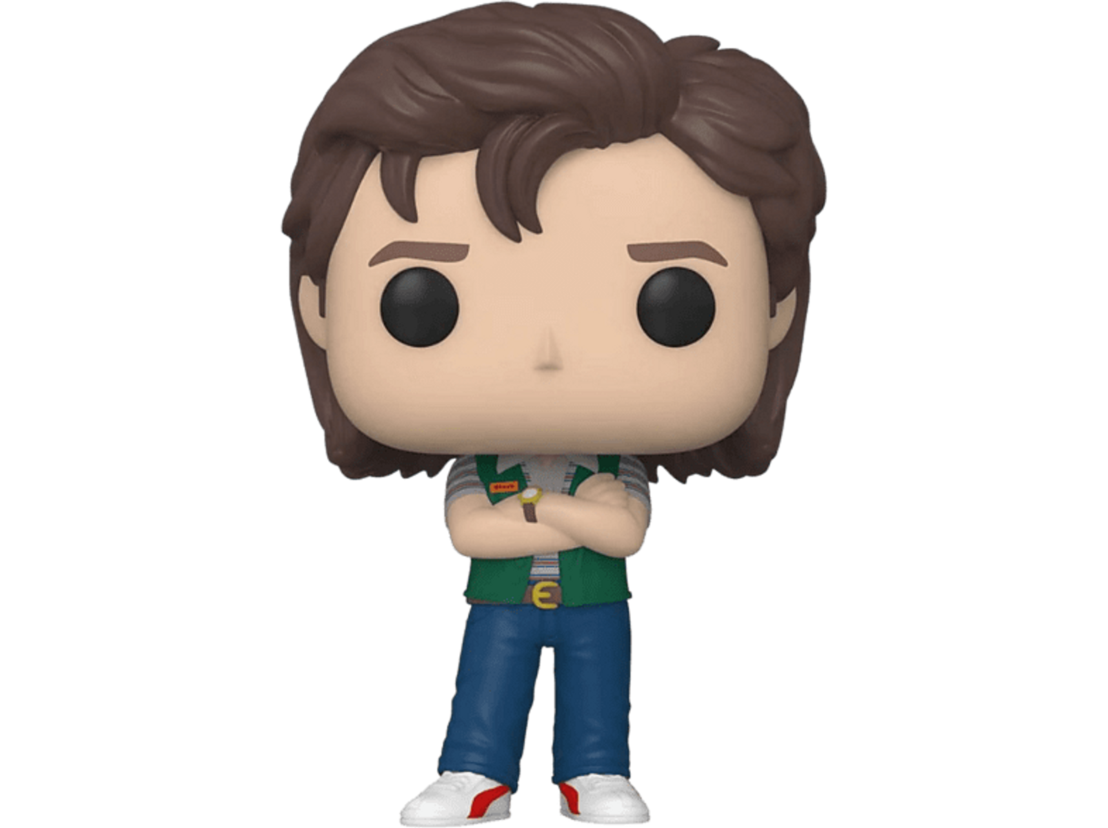 Funko Pop! Figur von Steve aus Stranger Things. Er trägt eine Weste und Jeans, Arme verschränkt.