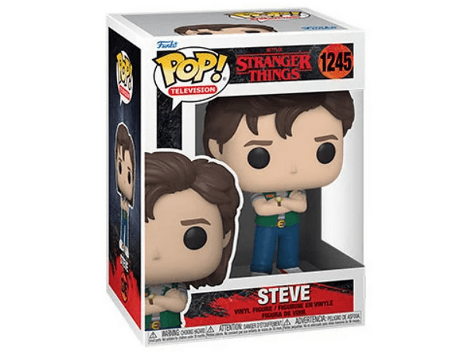 Eine Stranger Things Steve Funko Pop Box, mit einer Figur von Steve in seiner Scoops Ahoy Uniform.