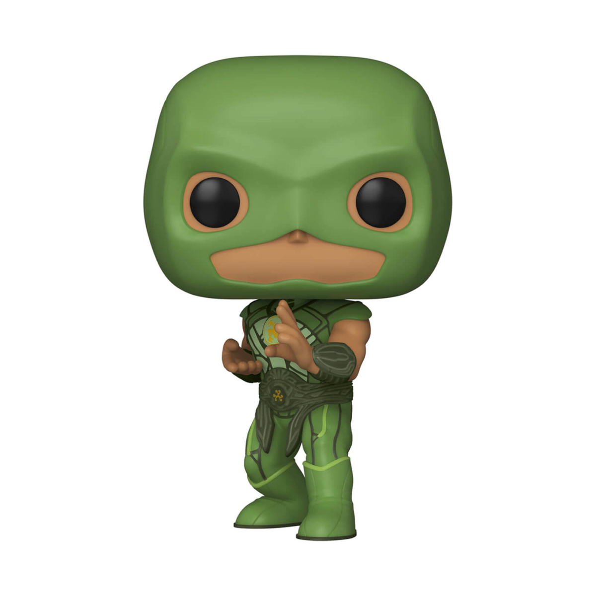 Una figura Funko Pop de un personaje con traje verde.