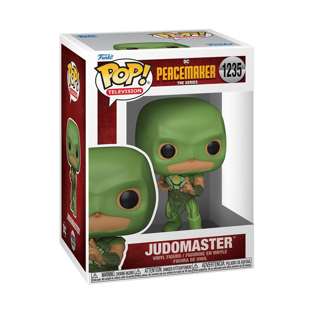 Una figura de Funko Pop! en una caja. Representa a Judomaster vestido de verde con cabeza verde y fondo negro.