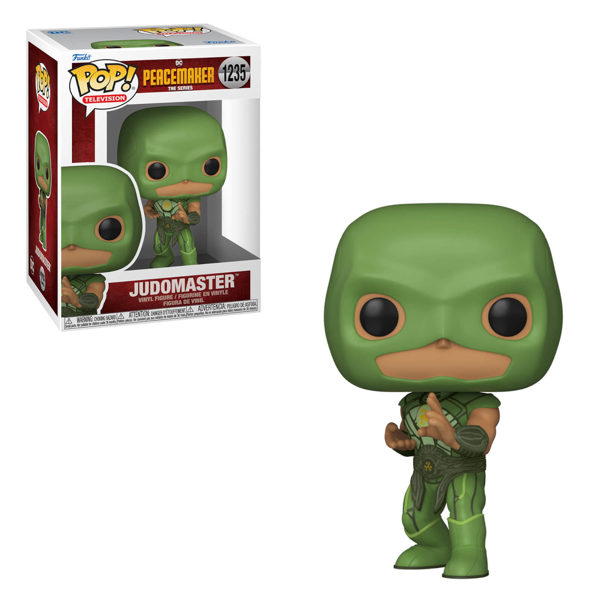 Una figura Funko Pop de Judomaster de Peacemaker y su caja. La figura usa máscara y traje verdes.