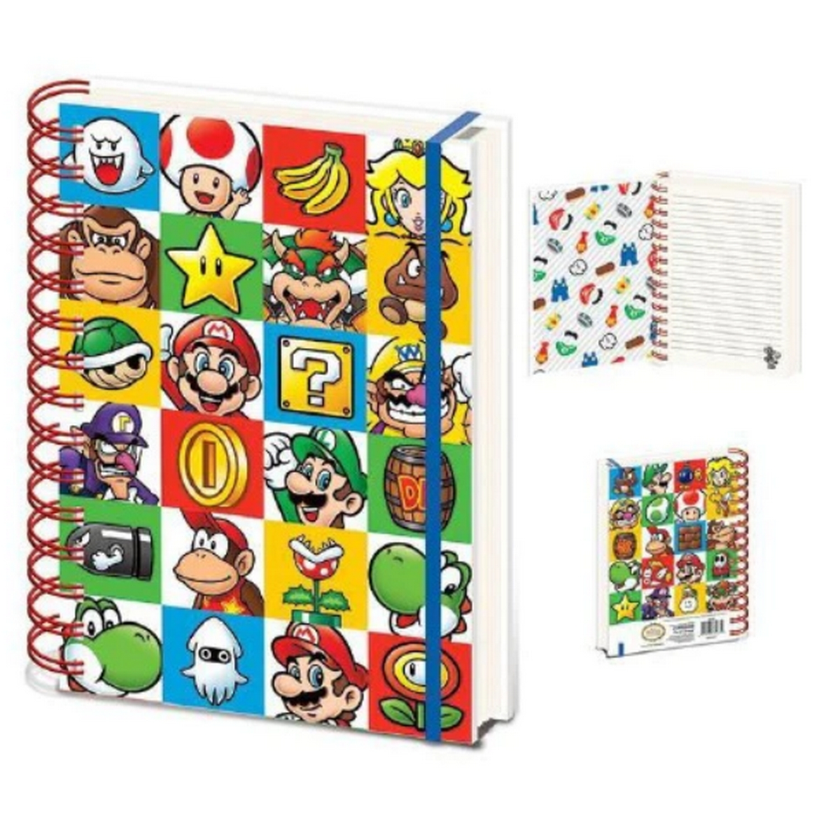 Mario Notizbuch. Mario-Charaktere auf dem Cover, Spiralbindung und andere Ansichten.