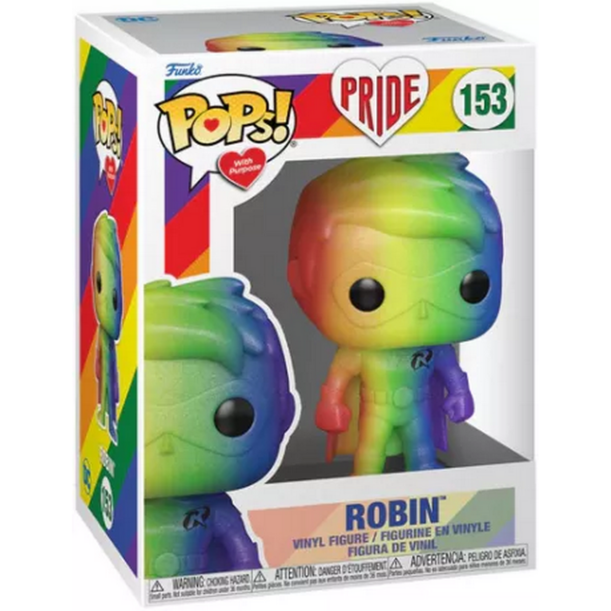 Una figura Funko Pop! in una scatola. È una figura di Robin arcobaleno a tema Pride.