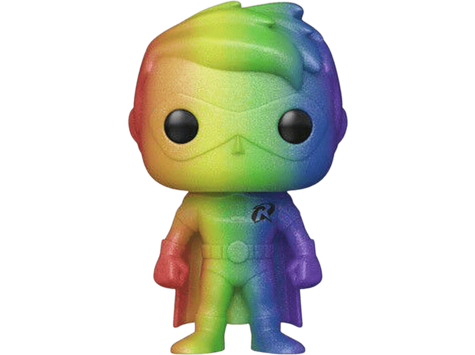 Una figura Funko Pop di Robin color arcobaleno con occhi neri e una 'R' nera sul petto.