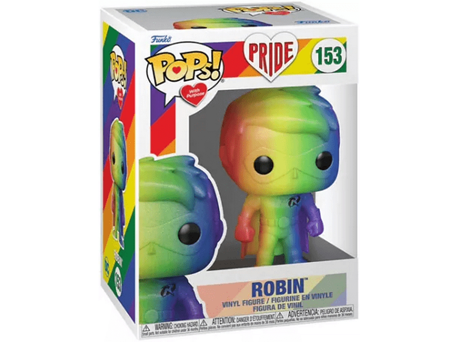 Figura Funko Pop Robin in una scatola con schema di colori arcobaleno.