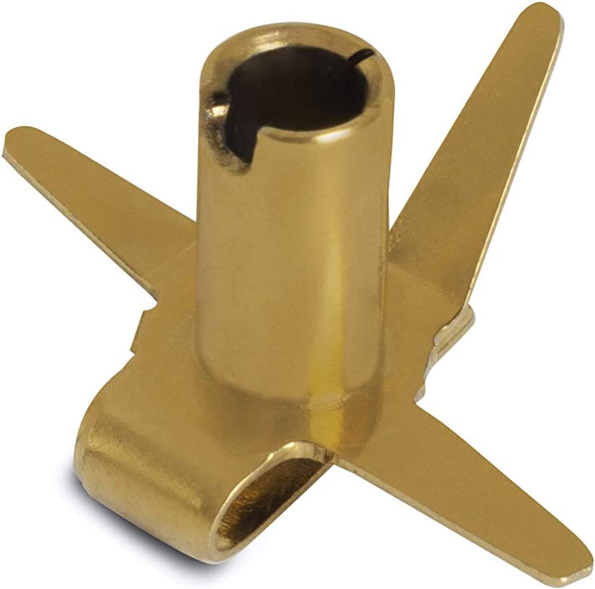 Eine goldene Mixer-Klinge. Sie hat drei Klingen und einen zentralen Zylinder zur Befestigung.