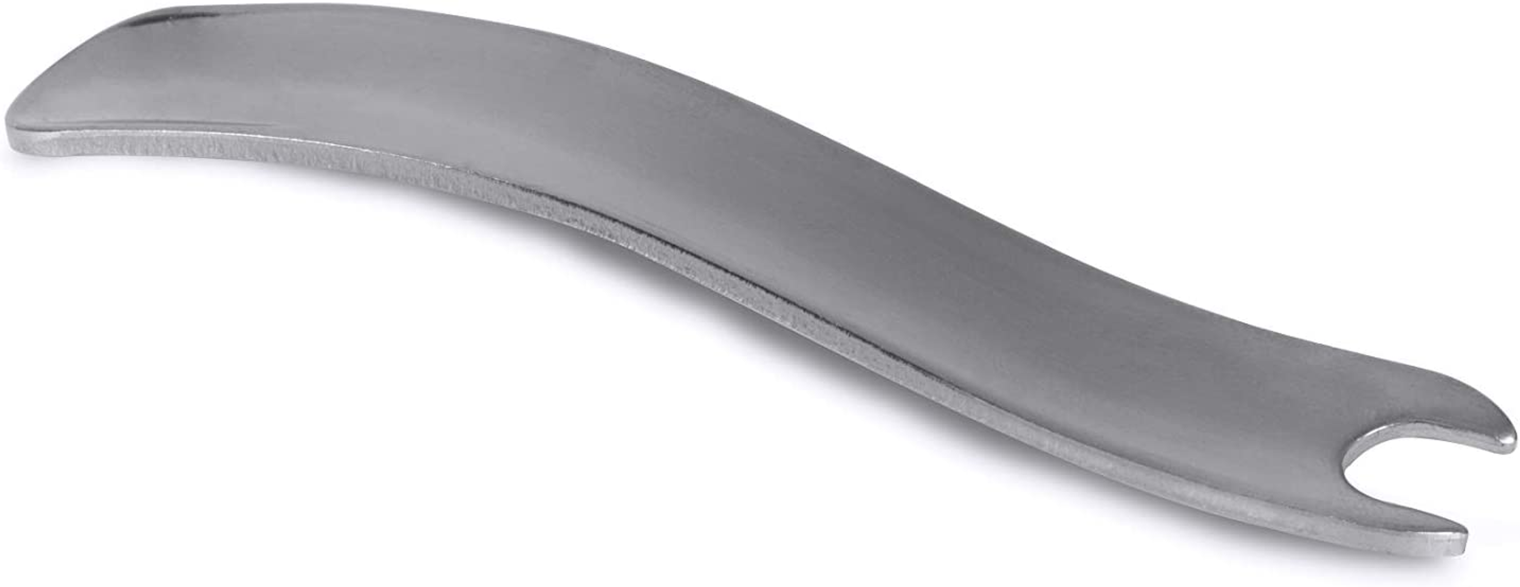 Gebogenes, silberfarbenes Metallwerkzeug mit gegabeltem Ende. Es ist ein Massagegerät.