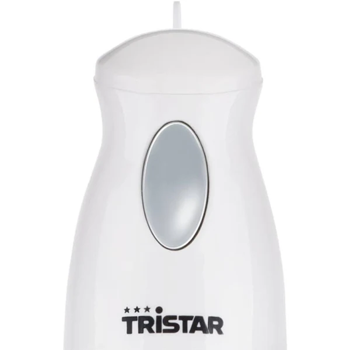 Frullatore a immersione bianco, primo piano. Pulsante grigio visibile. Logo Tristar in basso.