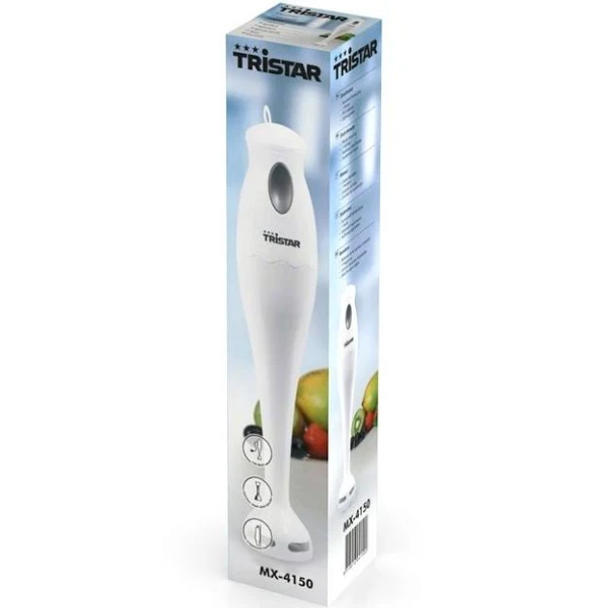 Un frullatore a immersione Tristar bianco nella sua scatola. La scatola mostra il frullatore e frutta sul lato.