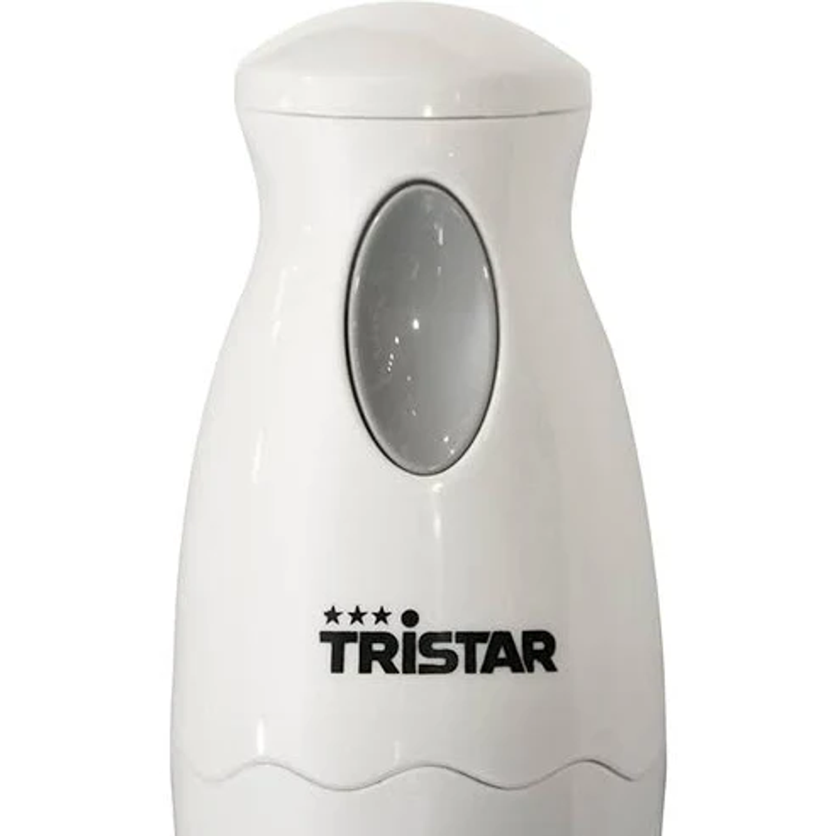 Frullatore a immersione Tristar bianco. Ha un pulsante ovale grigio al centro.