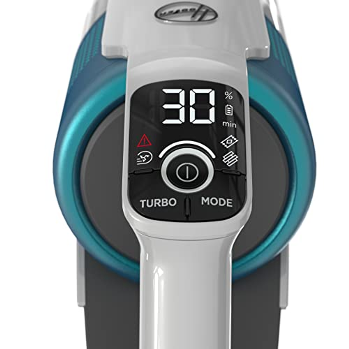 Wyświetlacz odkurzacza ręcznego, pokazujący 30% baterii i przyciski sterowania.