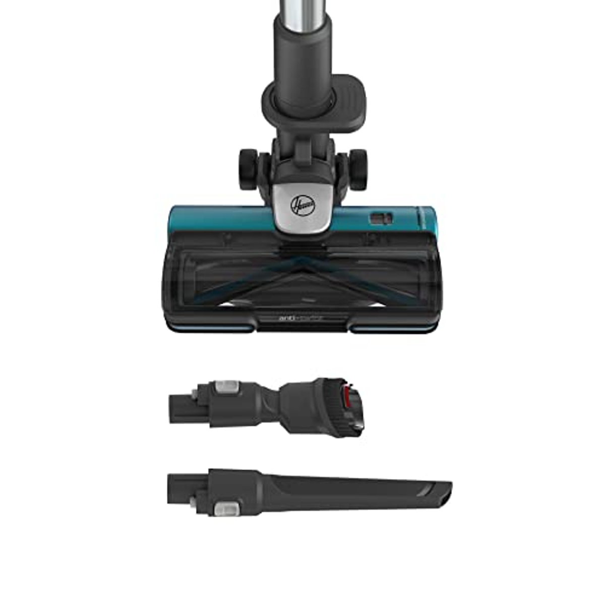 Części odkurzacza: głowica, nasadki i uchwyt, wszystko w kolorach czarnym i morskim.