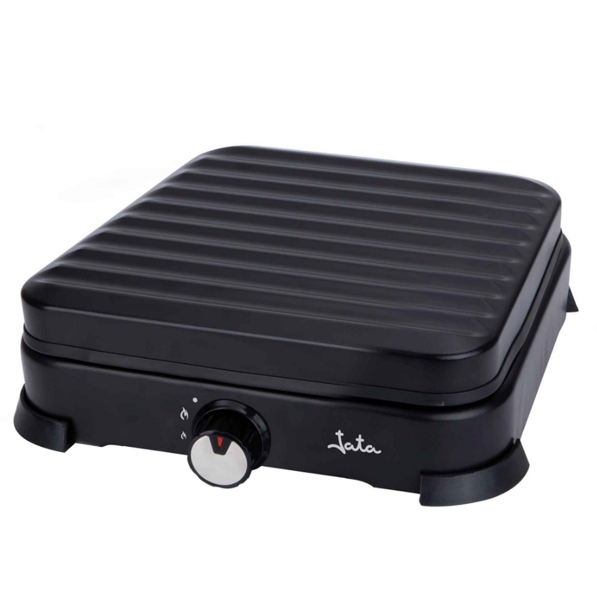 Parrilla eléctrica negra con superficie de cocción acanalada, dial de temperatura y marca Jata.