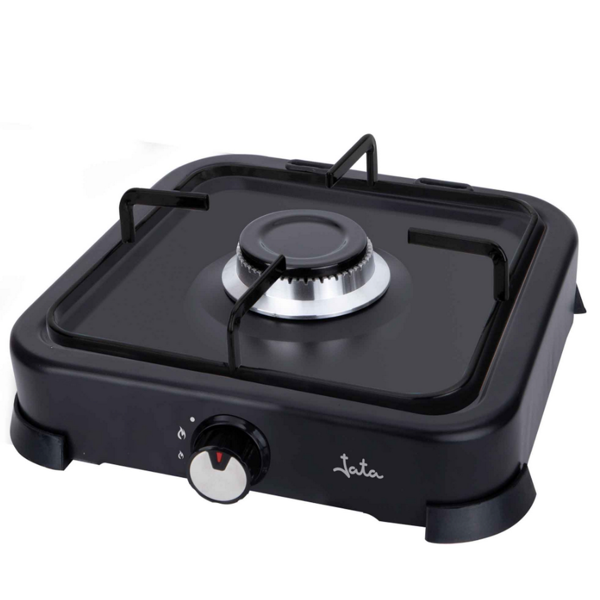 Cocina de gas portátil negra con un quemador plateado y un mando de control.