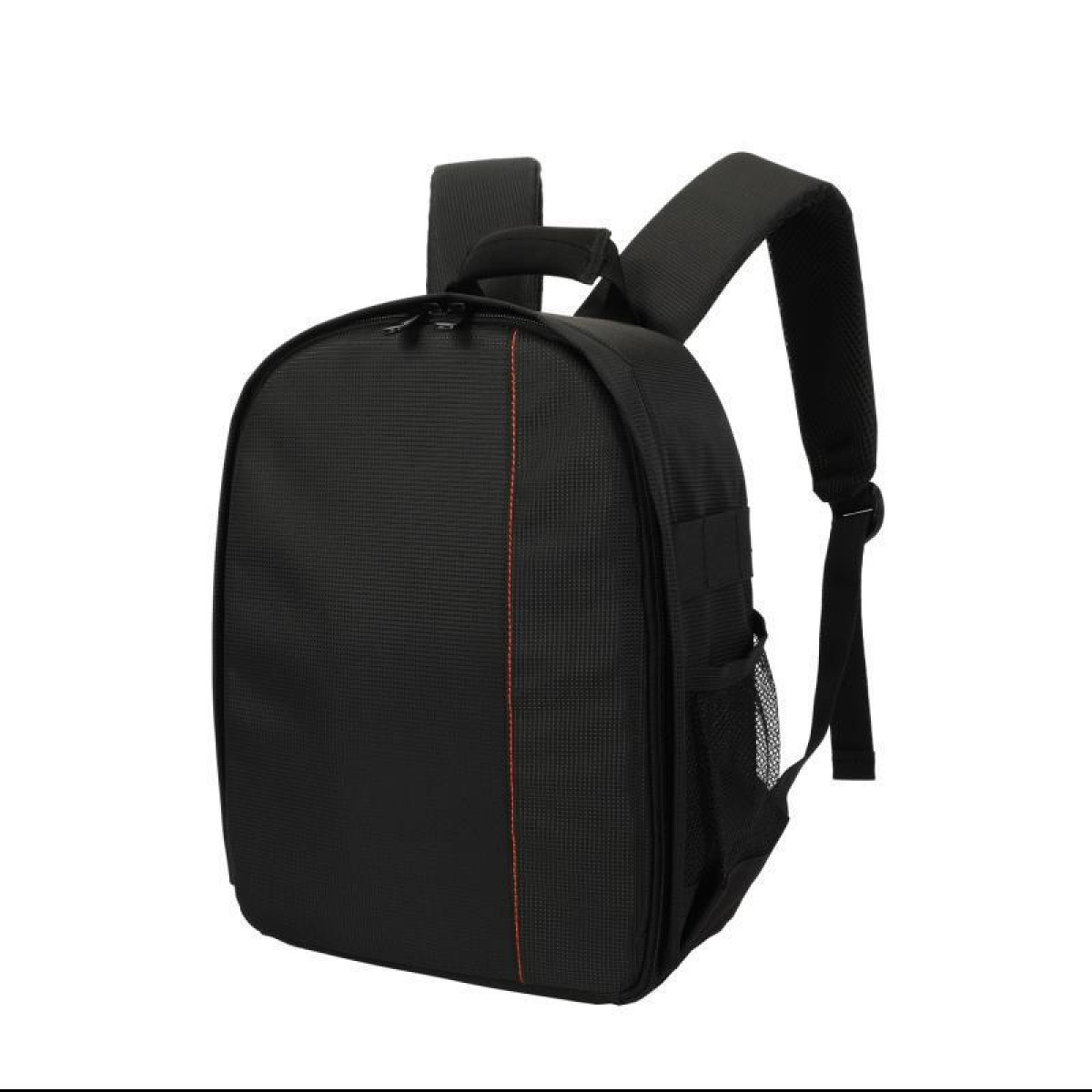 Mochila negra para cámara, con una franja vertical roja y un bolsillo lateral de malla.