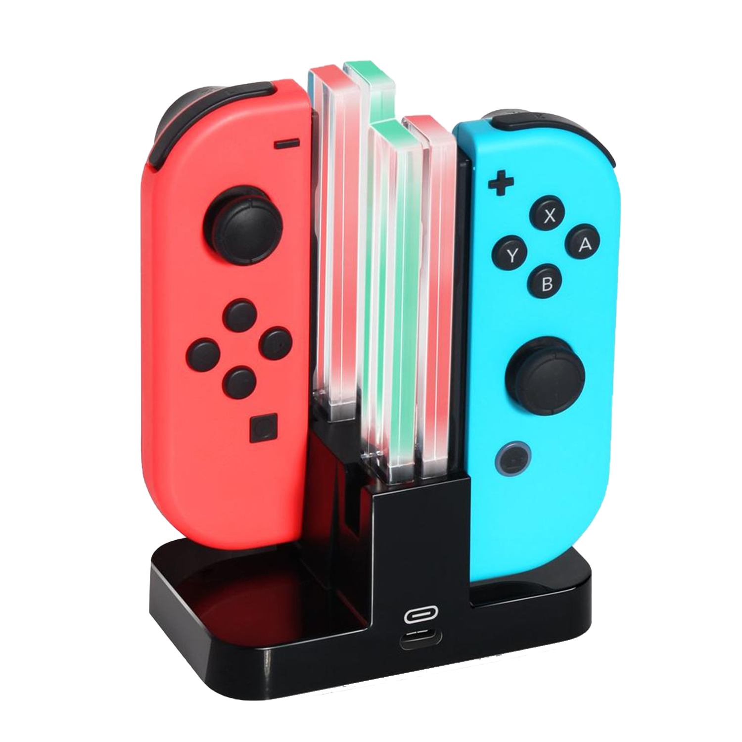 Manettes Joy-Con rouges et bleues avec un chargeur.