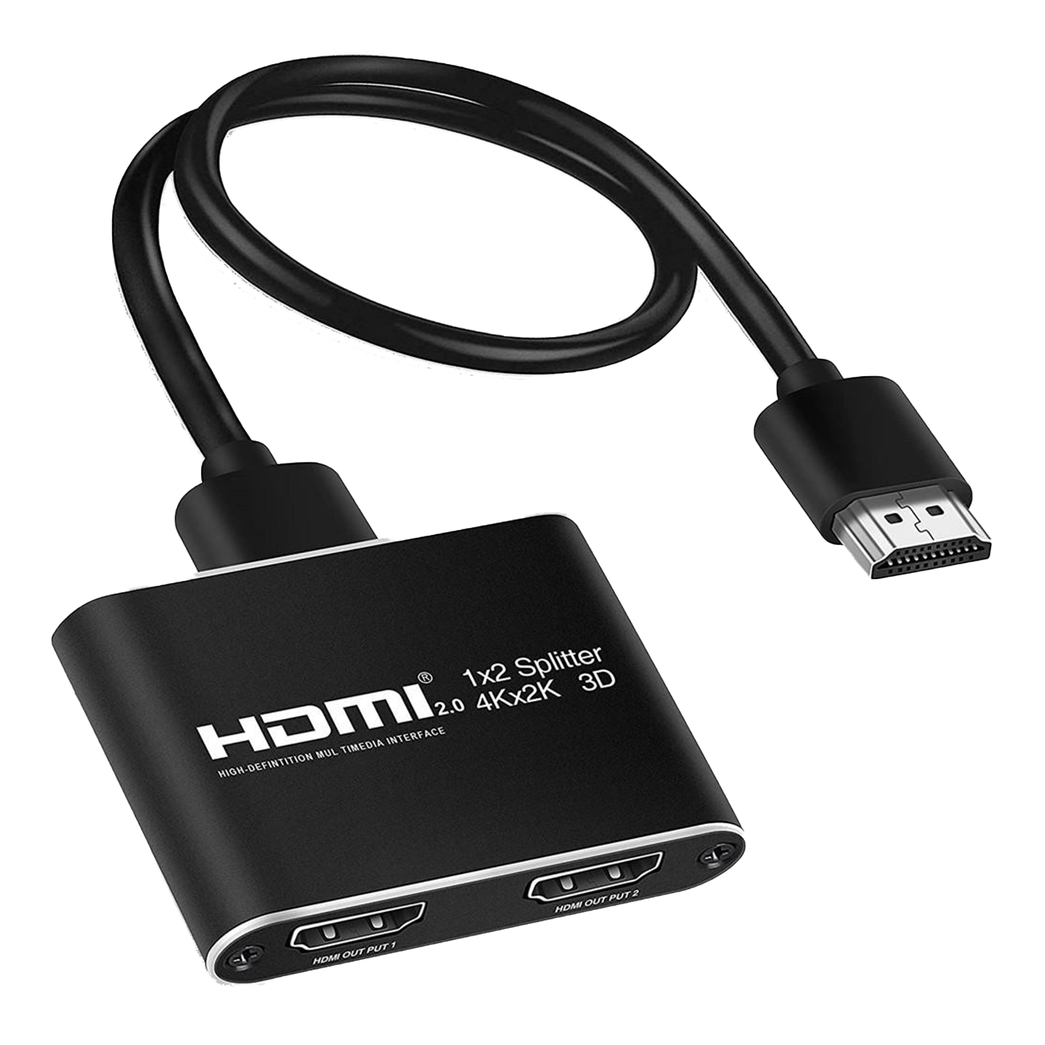 Czarny rozdzielacz HDMI z dwoma wyjściami i kablem. Oznaczony 'HDMI 2.0 4Kx2K 3D'.