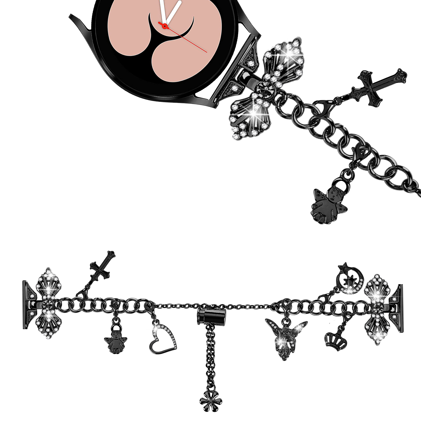 Schwarzes Smartwatch-Armband mit Charms. Charms umfassen Kreuze, Engel und Herzen. Uhr auf weißem Hintergrund.