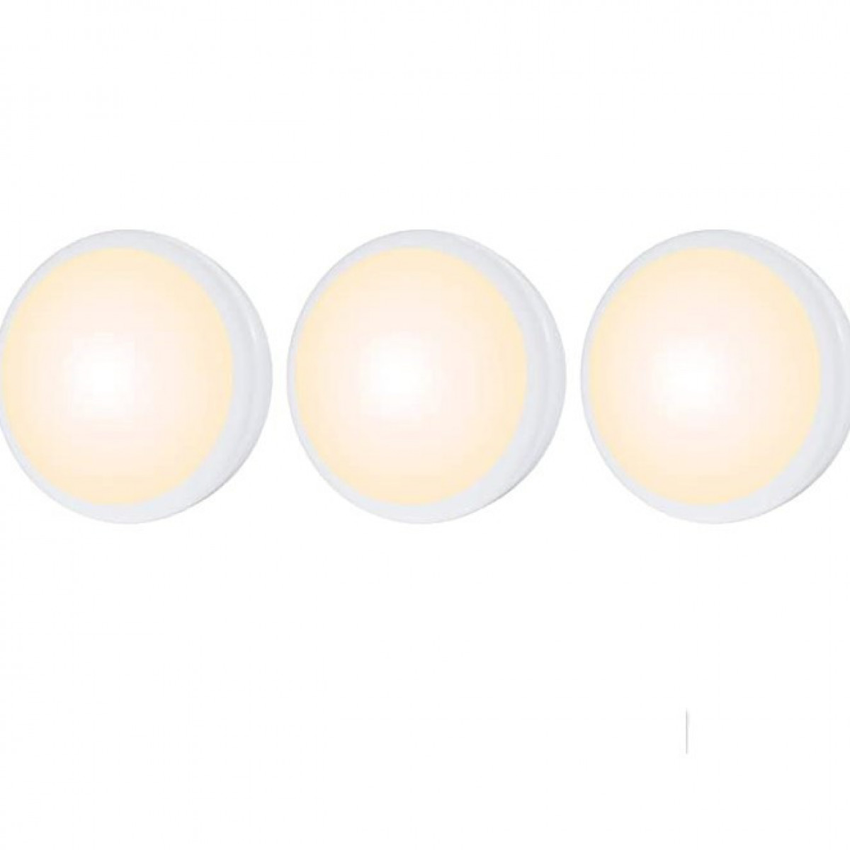 Drei weiße runde LED-Leuchten. Die Lichter befinden sich auf weißem Hintergrund. Nahaufnahme, gut beleuchtet.