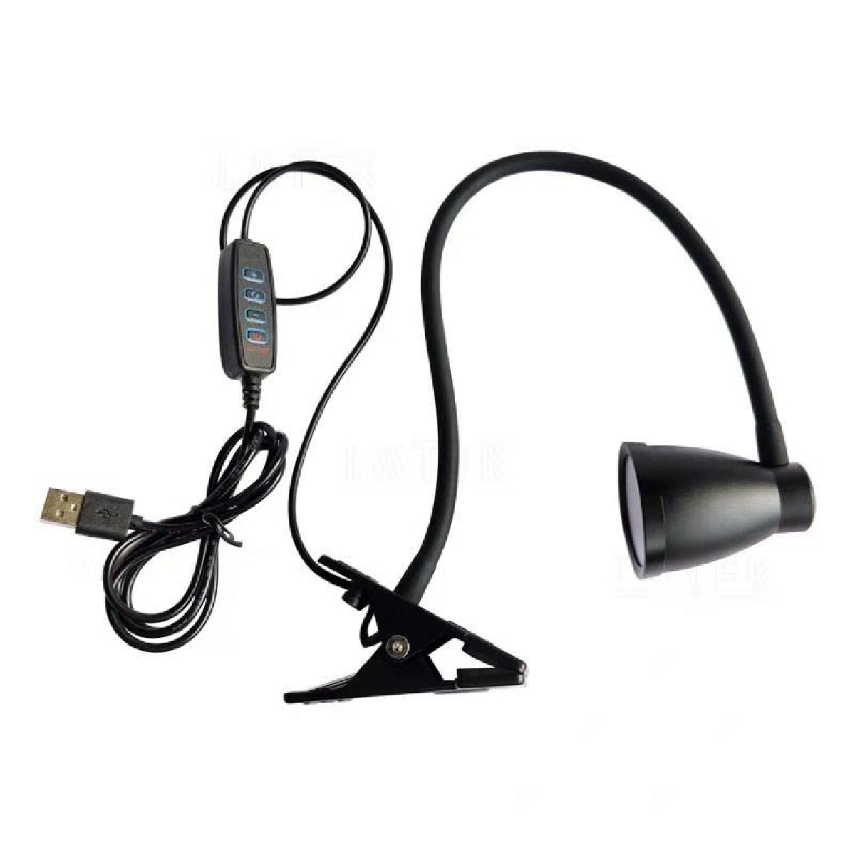 Czarna, elastyczna lampa z gęsią szyją z złączem USB, panelem sterowania i czarną głowicą lampy.