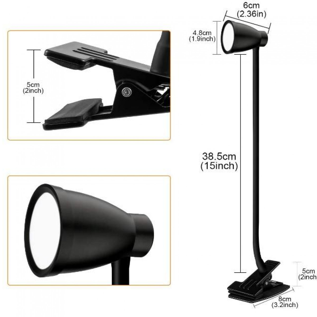 Czarna lampka do czytania z wymiarami, podstawą zaciskową i regulowaną głowicą.