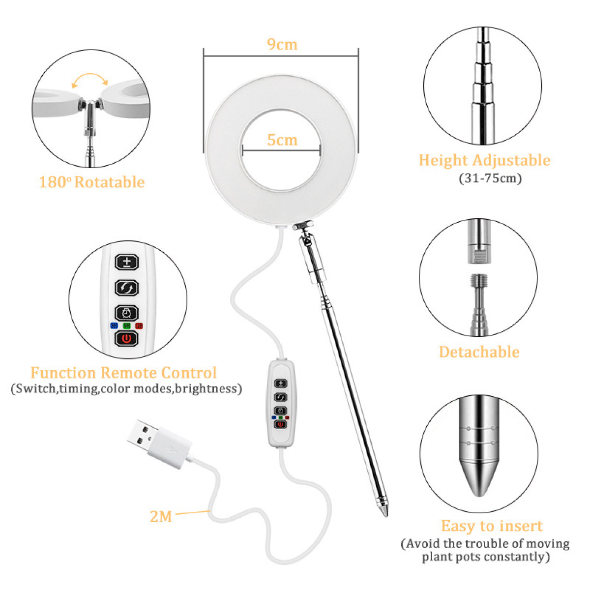 Een witte ringlamp met verstelbare hoogte, afneembare onderdelen en afstandsbediening.
