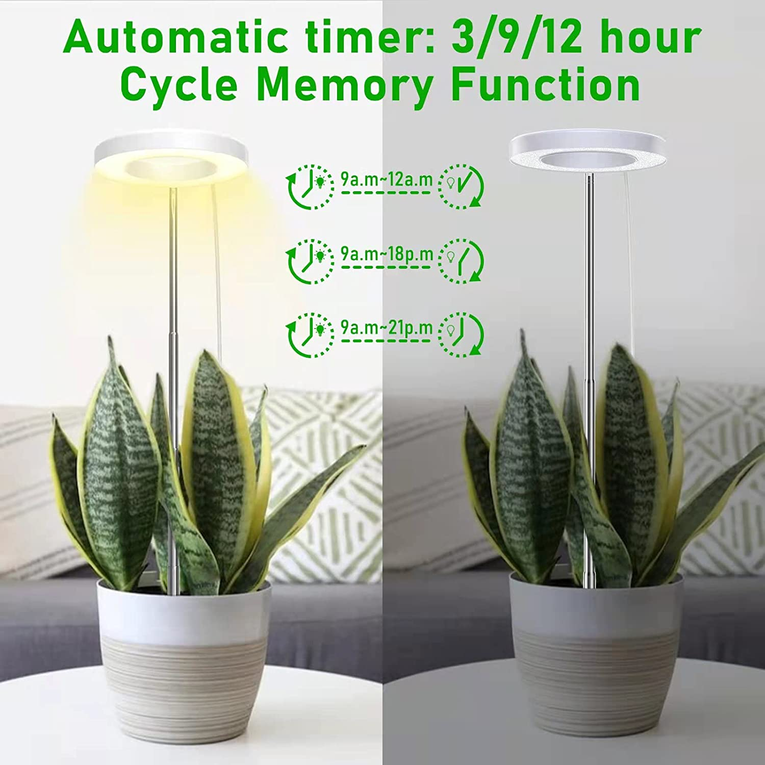 Twee binnenplantenlampen met planten. De linker is aan. De rechter is uit. Tekst: Automatische timer.
