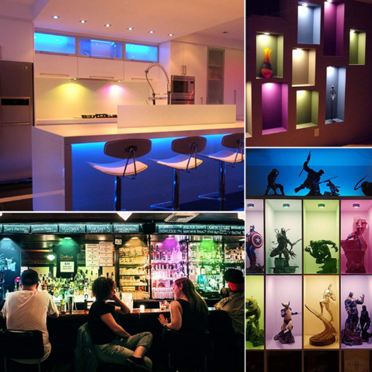 Meerdere scènes van een moderne keuken en bar met kleurrijke LED-verlichting en displays.