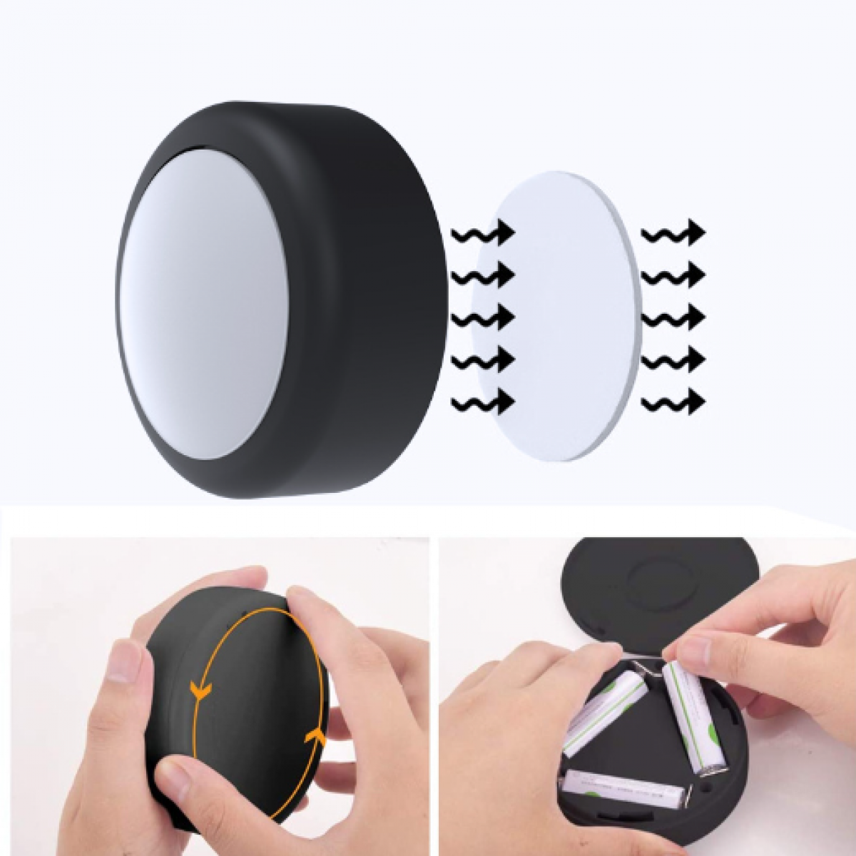 Black, circular device with a white center, shown apart and with batteries.