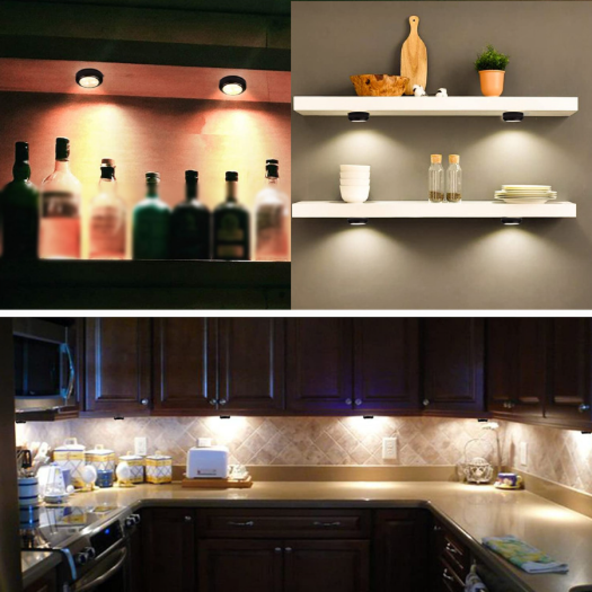 Various scenes of spotlights illuminating shelves, bottles, and a kitchen countertop with cabinets.
