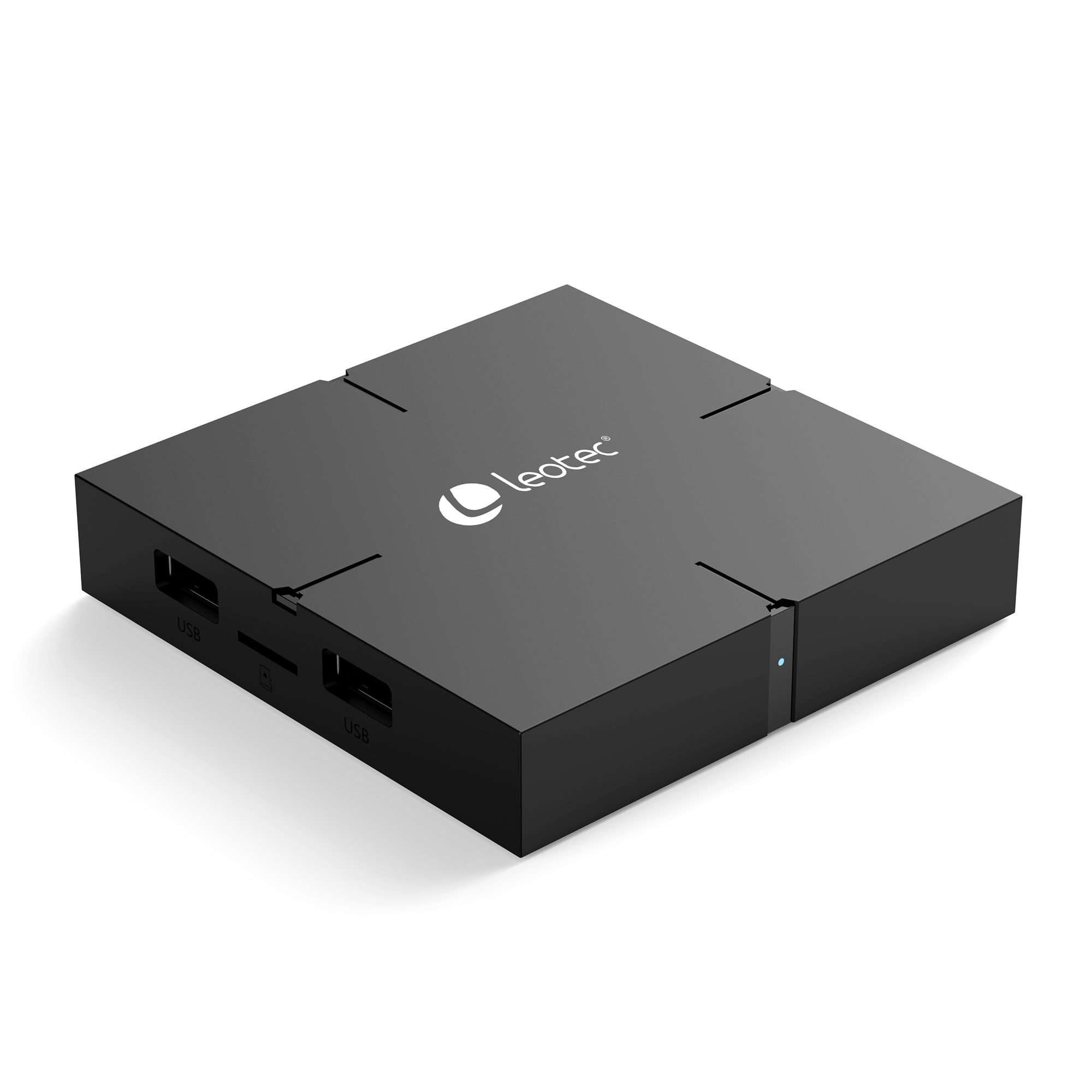 Un dispositivo reproductor multimedia negro. El fondo es blanco.