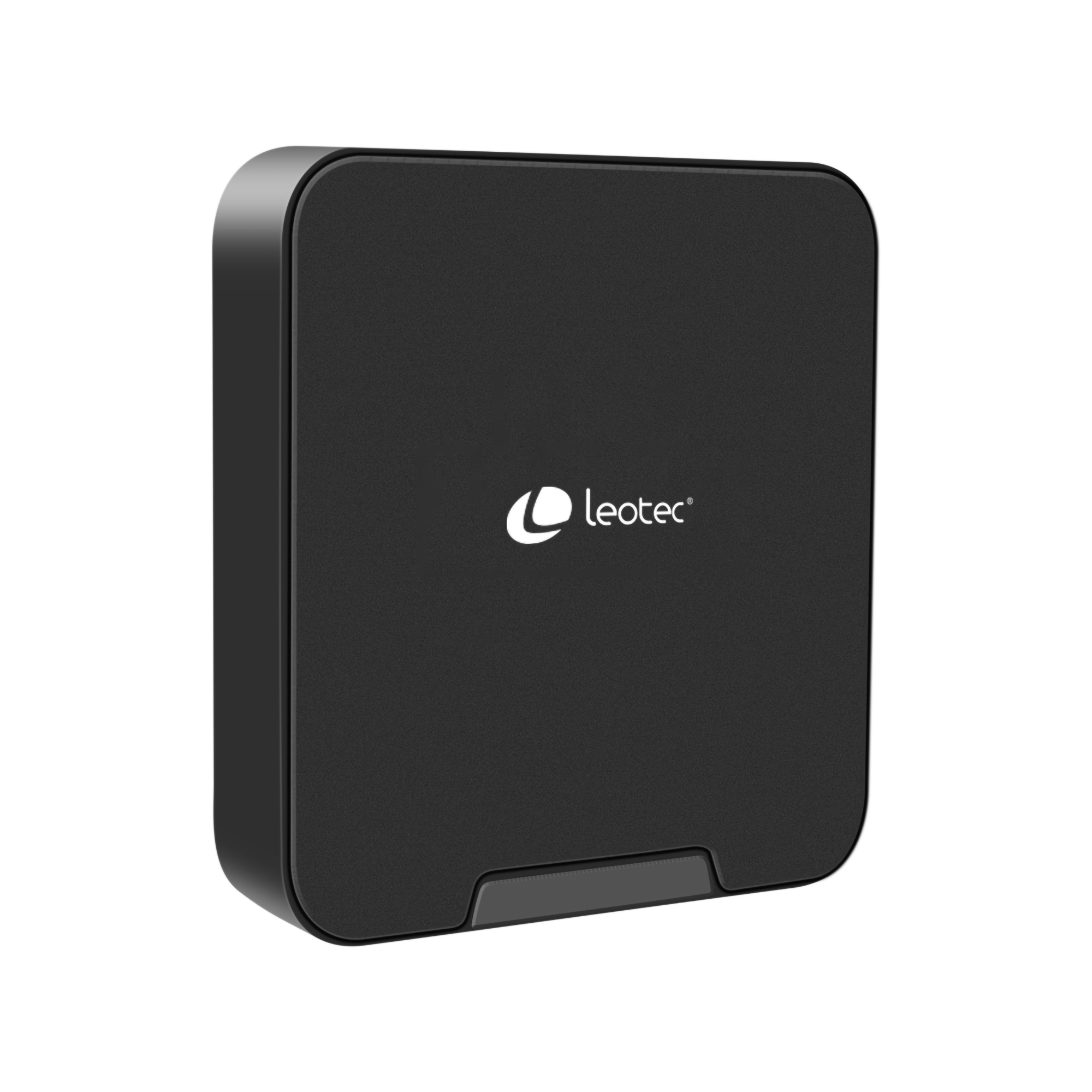 Dispositivo Leotec negro y rectangular con la parte inferior curvada y el logotipo de Leotec en blanco.