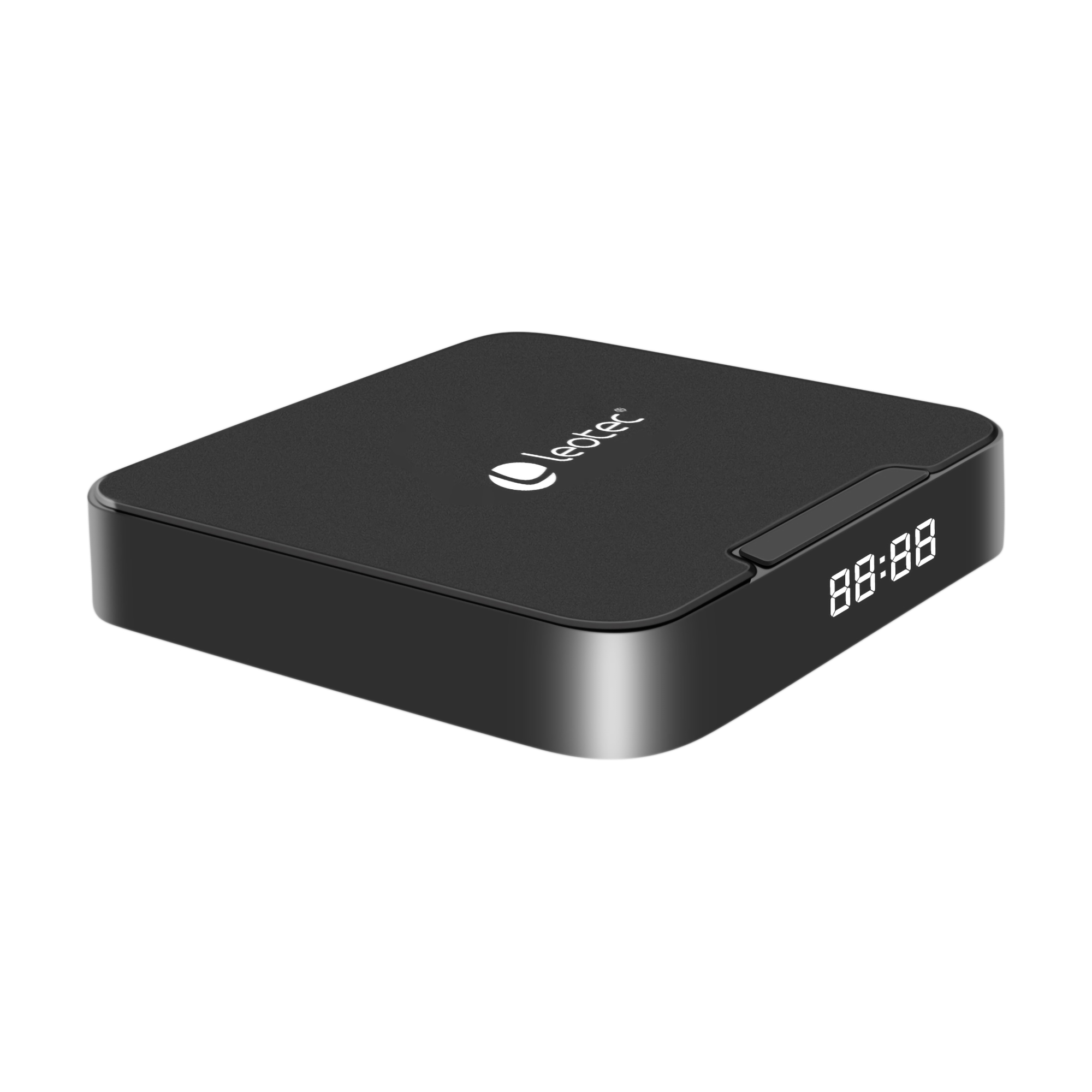Caja de TV negra con pantalla digital. La pantalla muestra 88:88. Logotipo blanco en la parte superior.