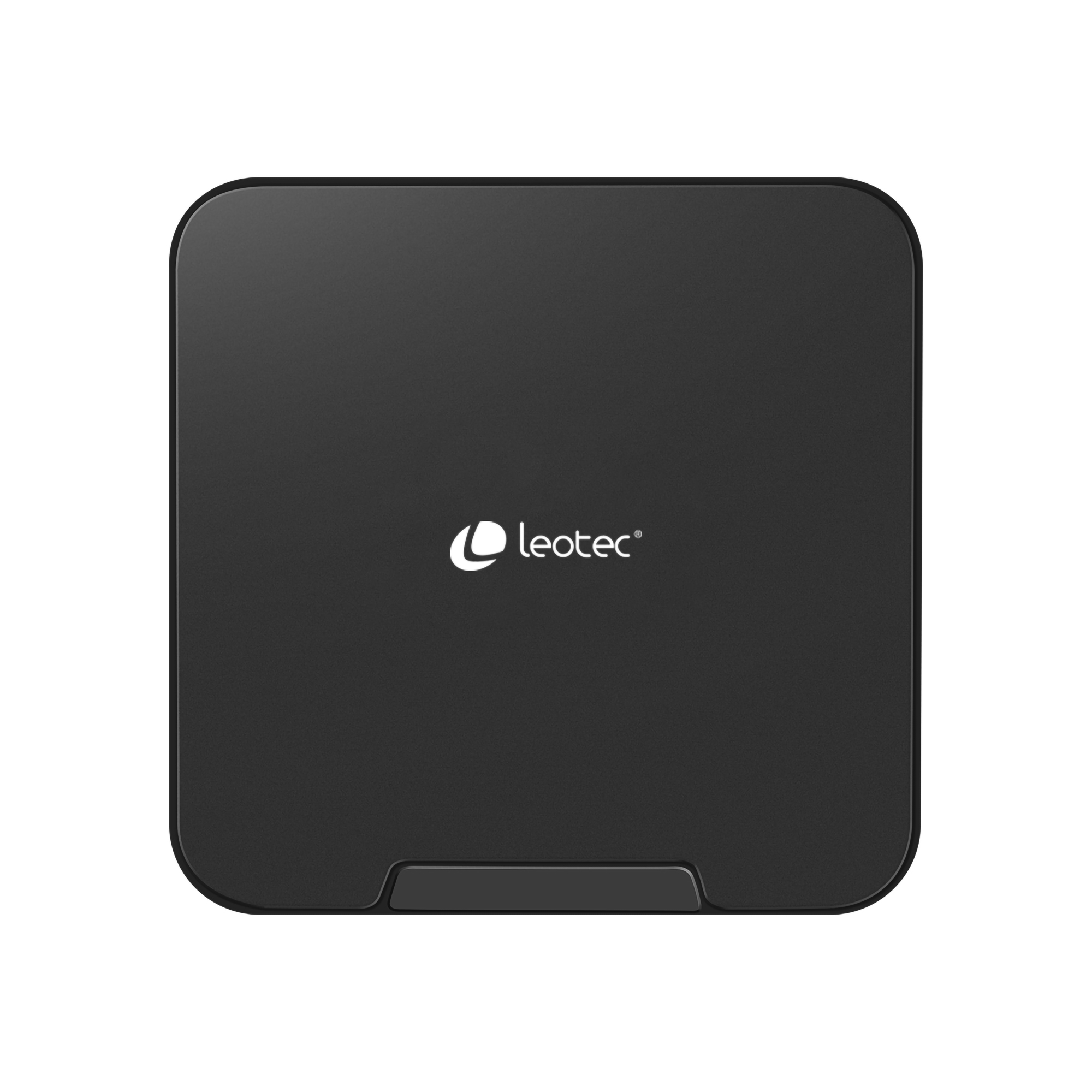 Dispositivo cuadrado negro con la palabra Leotec. El dispositivo tiene una pequeña ranura en la parte inferior. Fondo blanco.
