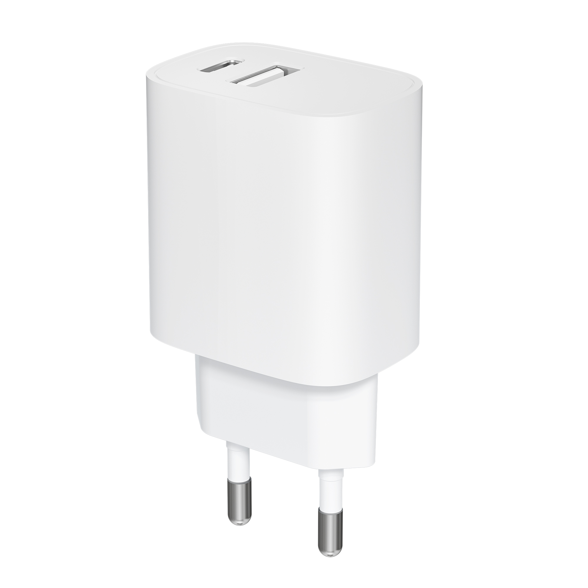 Un cargador de pared blanco con dos puertos USB en la parte superior y dos clavijas de metal abajo.