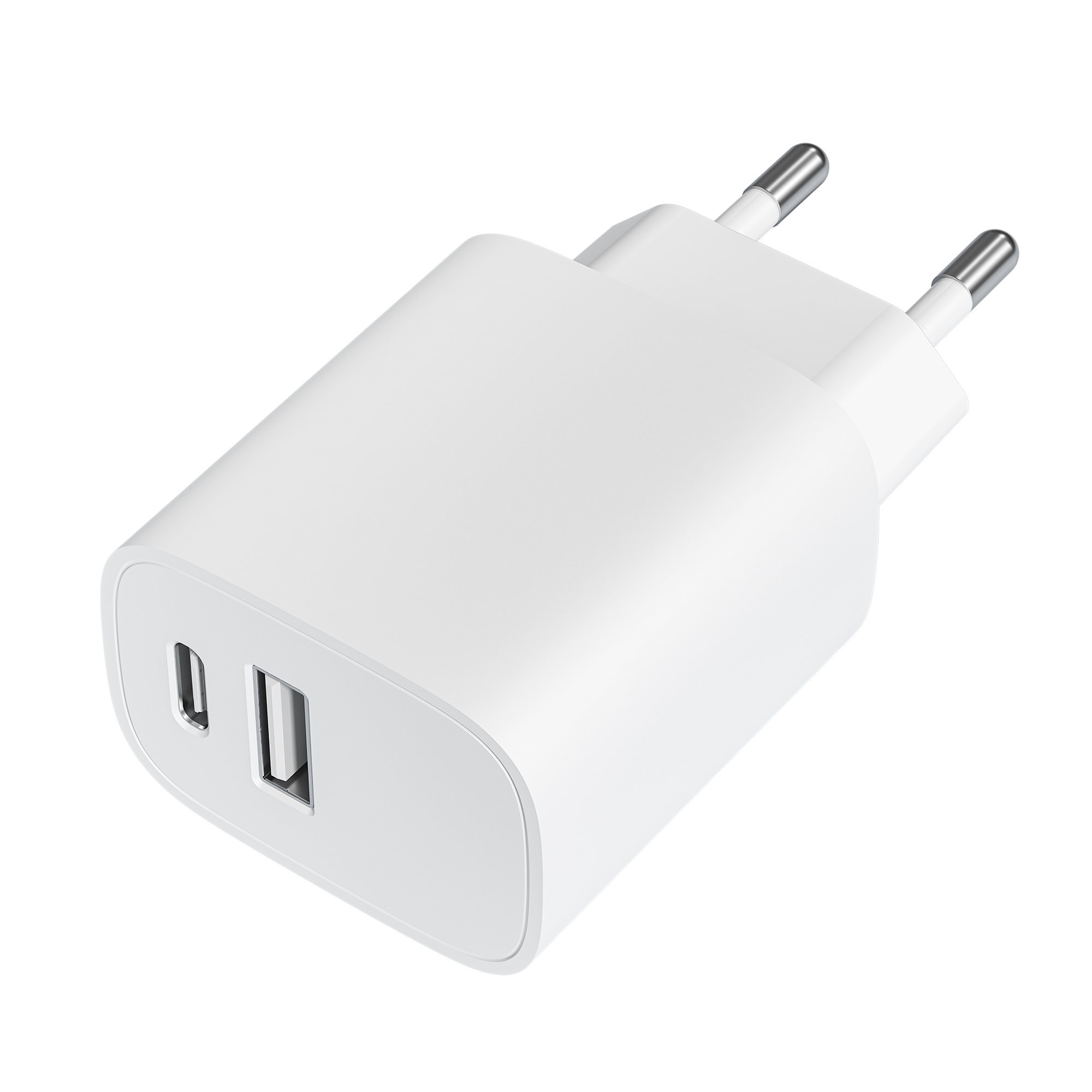 Cargador de teléfono blanco con dos clavijas metálicas y un puerto USB-C y USB.