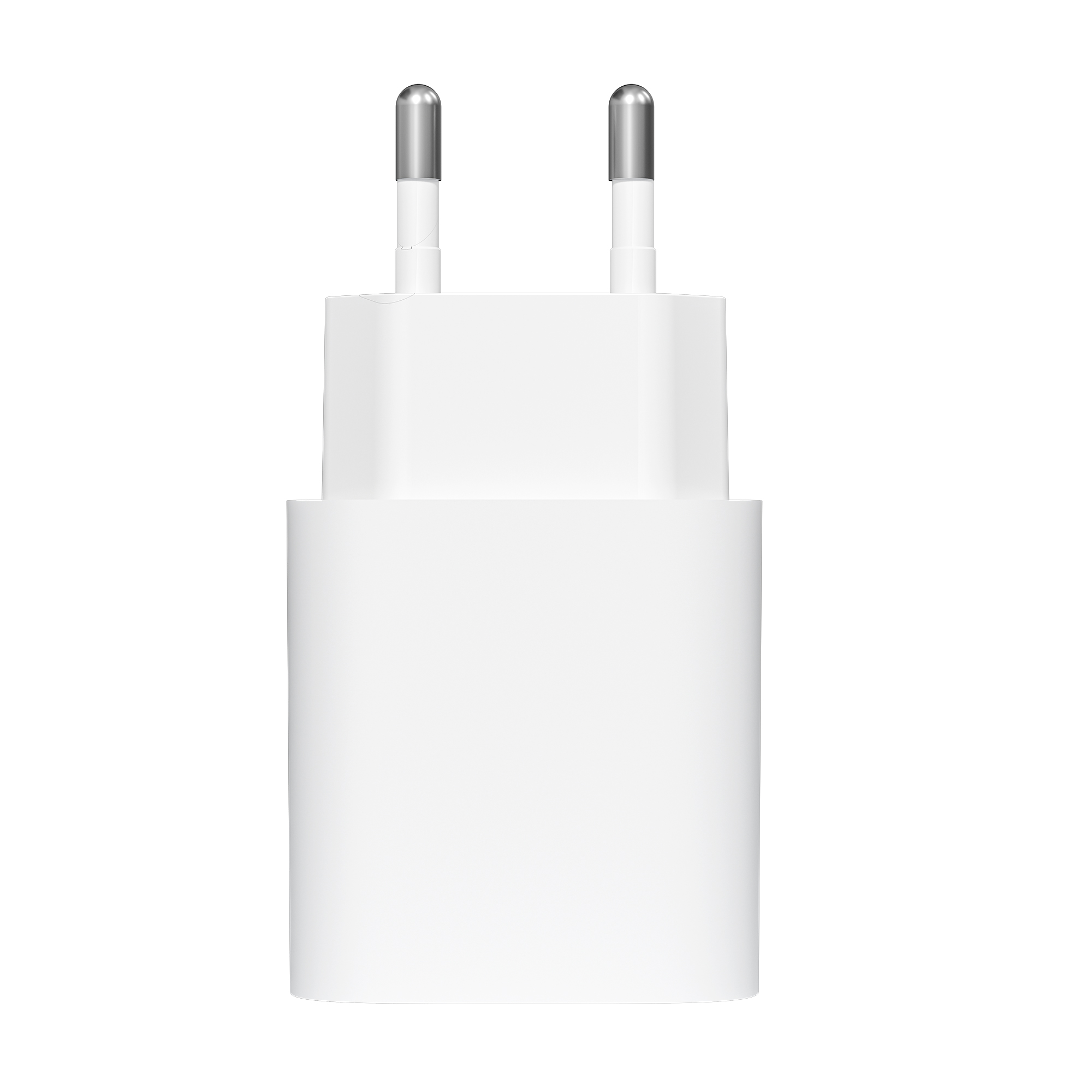 Un cargador blanco de iPhone con dos clavijas plateadas, sobre un fondo blanco. El cargador es rectangular.