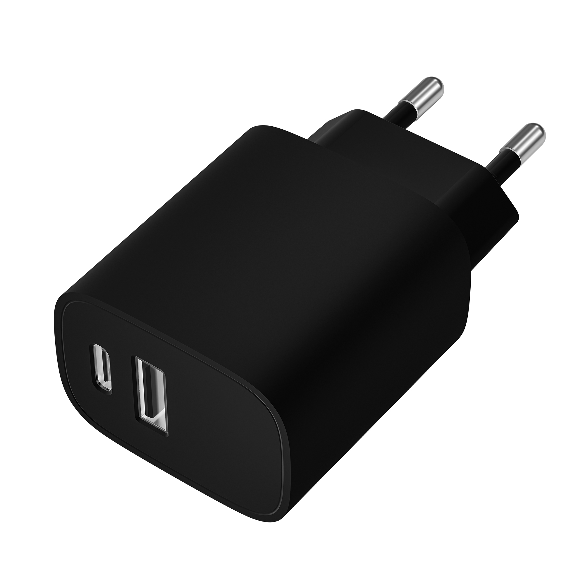 Un adaptador de corriente negro con dos clavijas y dos puertos USB, sobre un fondo blanco. Es un diseño compacto.