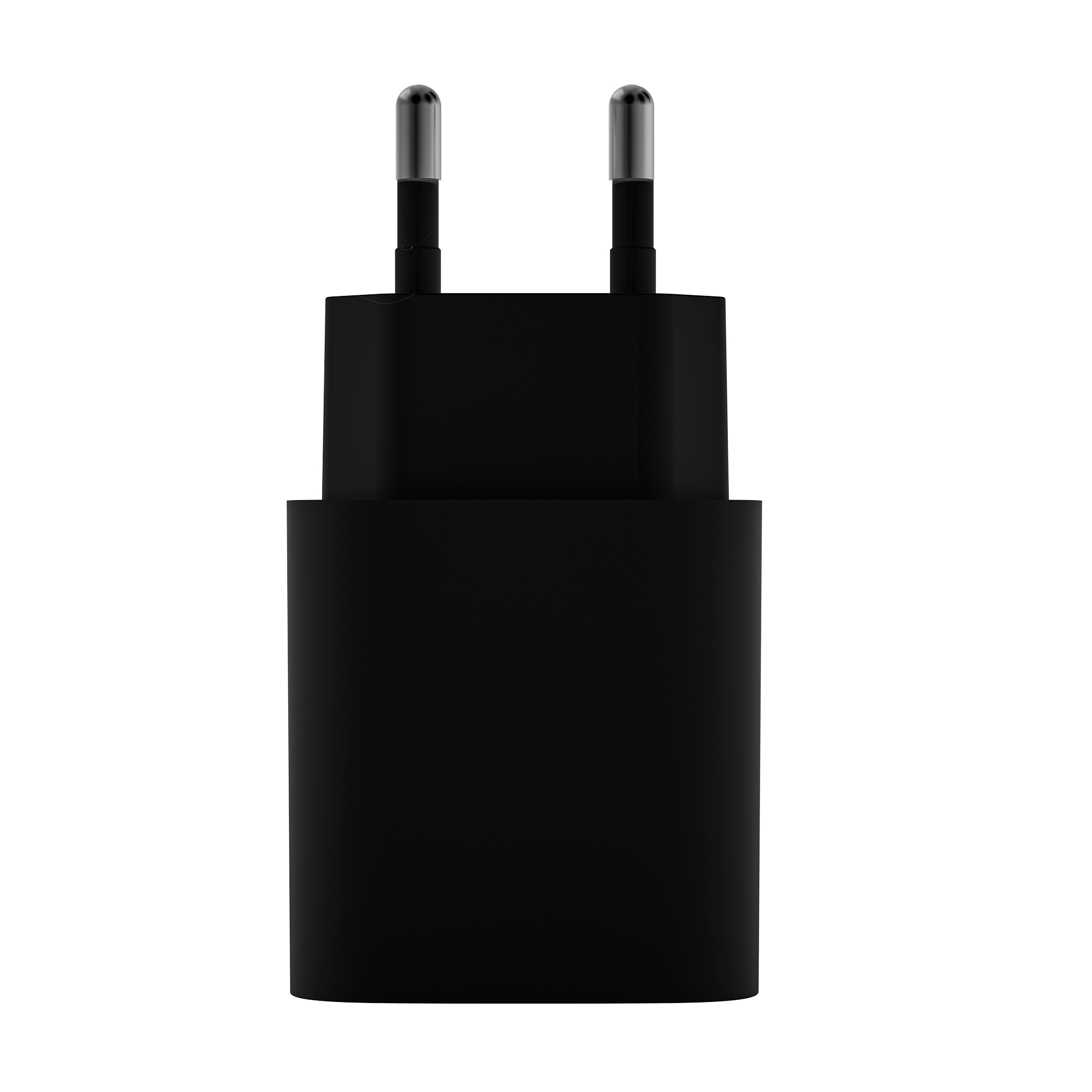Cargador de teléfono negro con dos clavijas plateadas. Es un enchufe europeo.