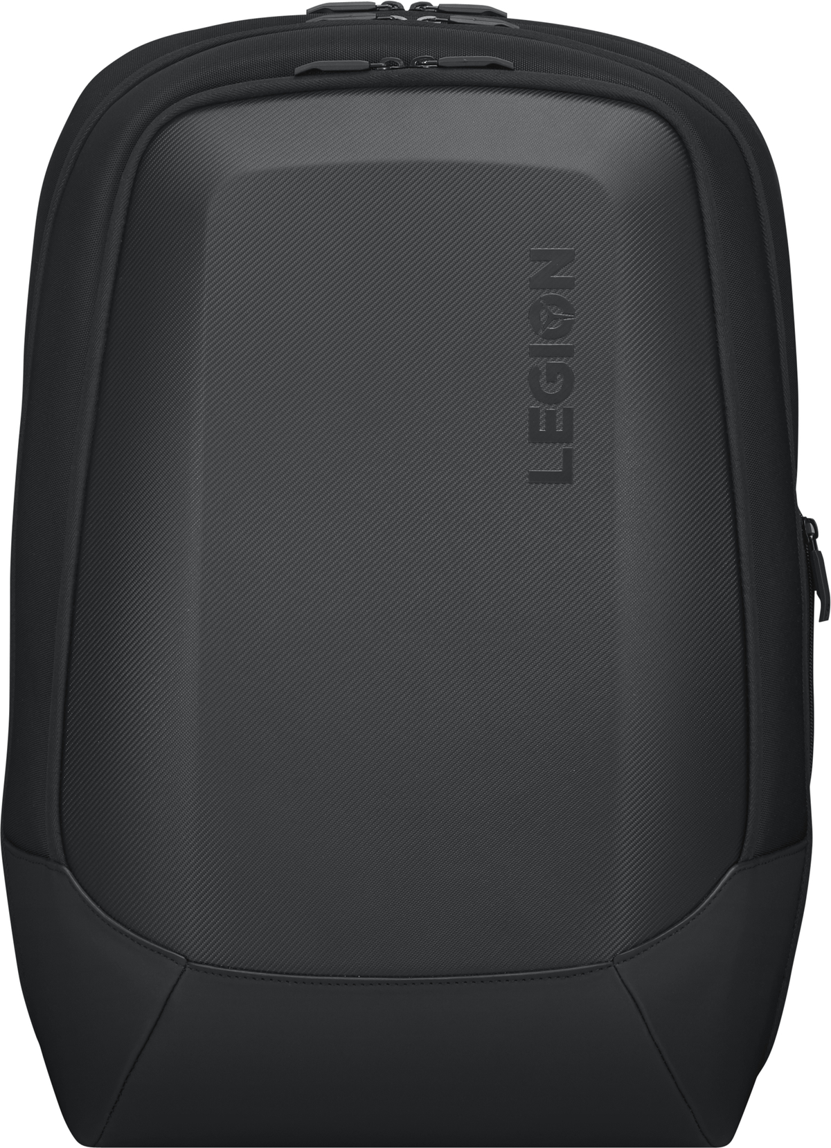 Mochila para portátil Legion negra con patrón acanalado y palabra LEGION en relieve.