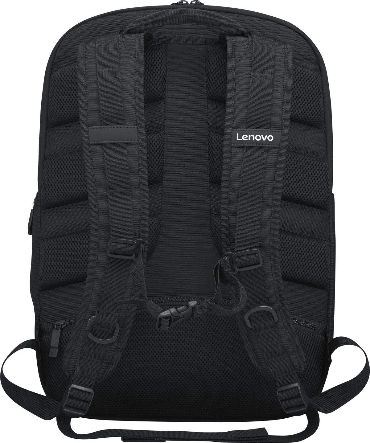 Vista trasera de una mochila Lenovo negra con correas, acolchado y el logotipo de Lenovo en blanco.