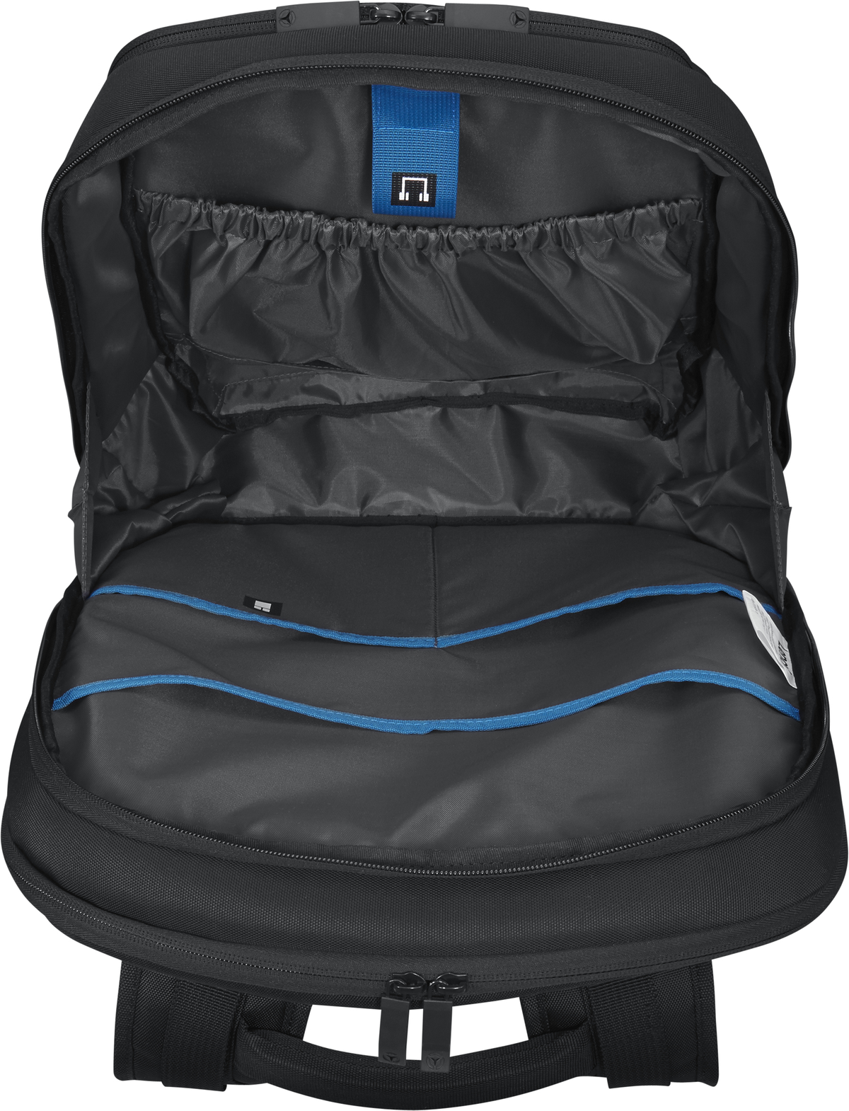 Interior de mochila negra abierta, con bolsillos. Acento azul en la parte superior.