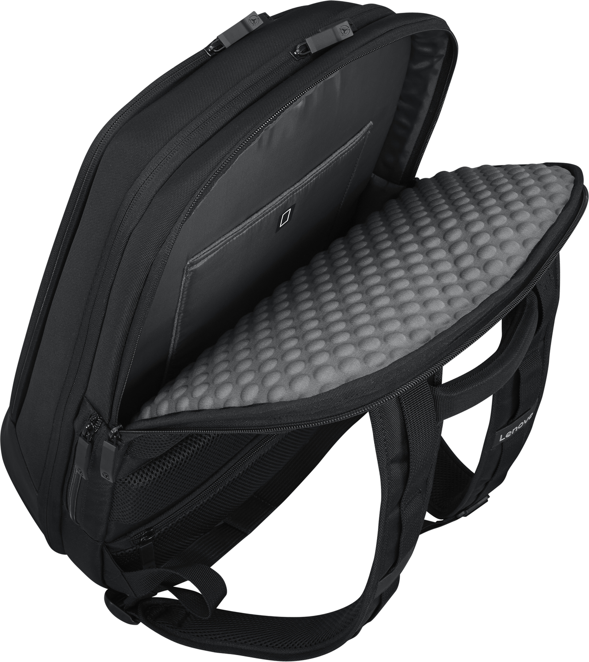 Mochila negra para portátil Lenovo, abierta para mostrar un compartimento acolchado para portátil y un bolsillo interior.