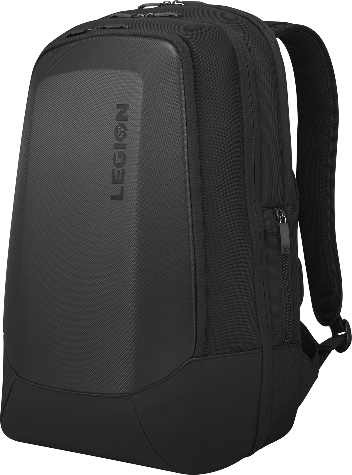 Mochila para portátil Legion negra. Parte frontal rígida, múltiples compartimentos y un logotipo de Legion.