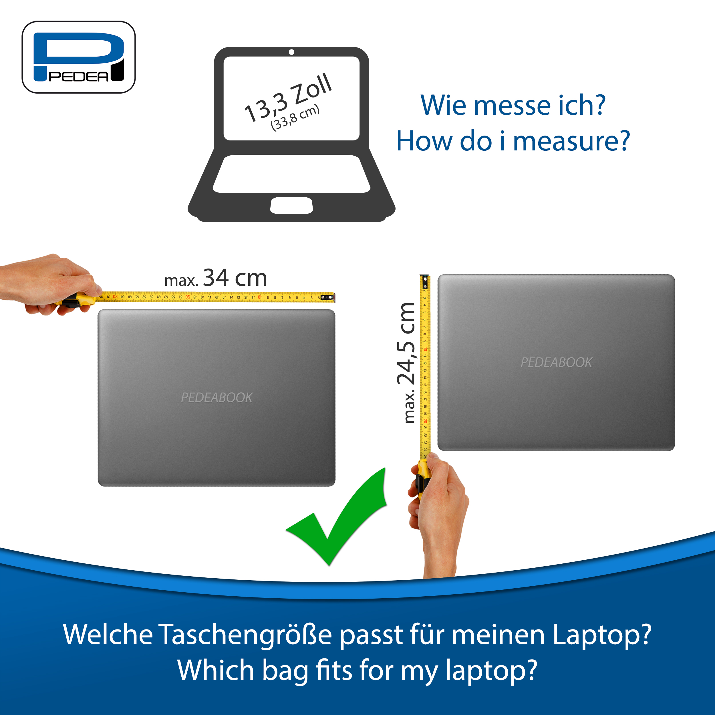 Laptop-Messanleitung. Person misst Laptop mit Maßband. Grauer Laptop, grünes Häkchen.