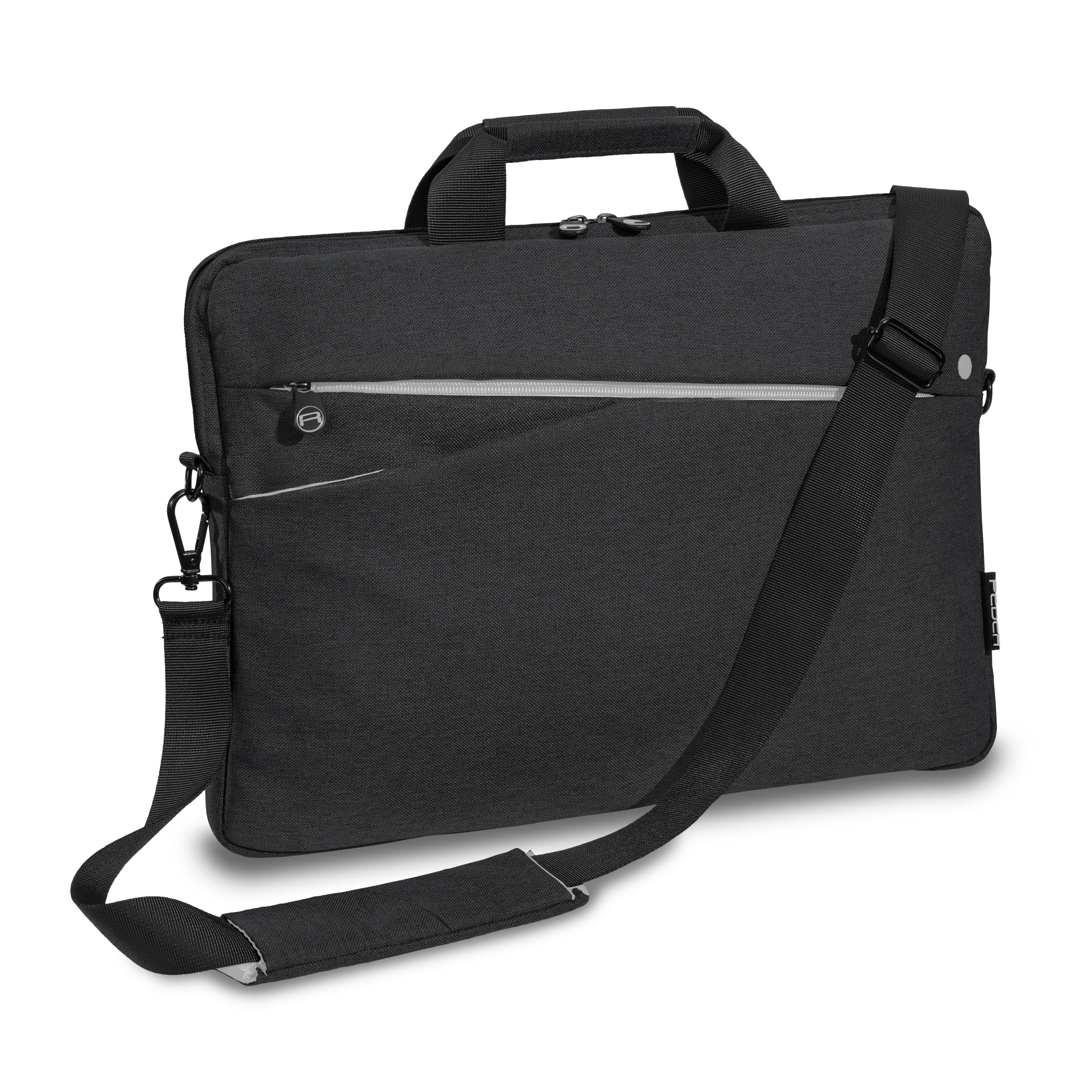 Borsa per laptop nera con manico, tracolla e cerniera bianca.