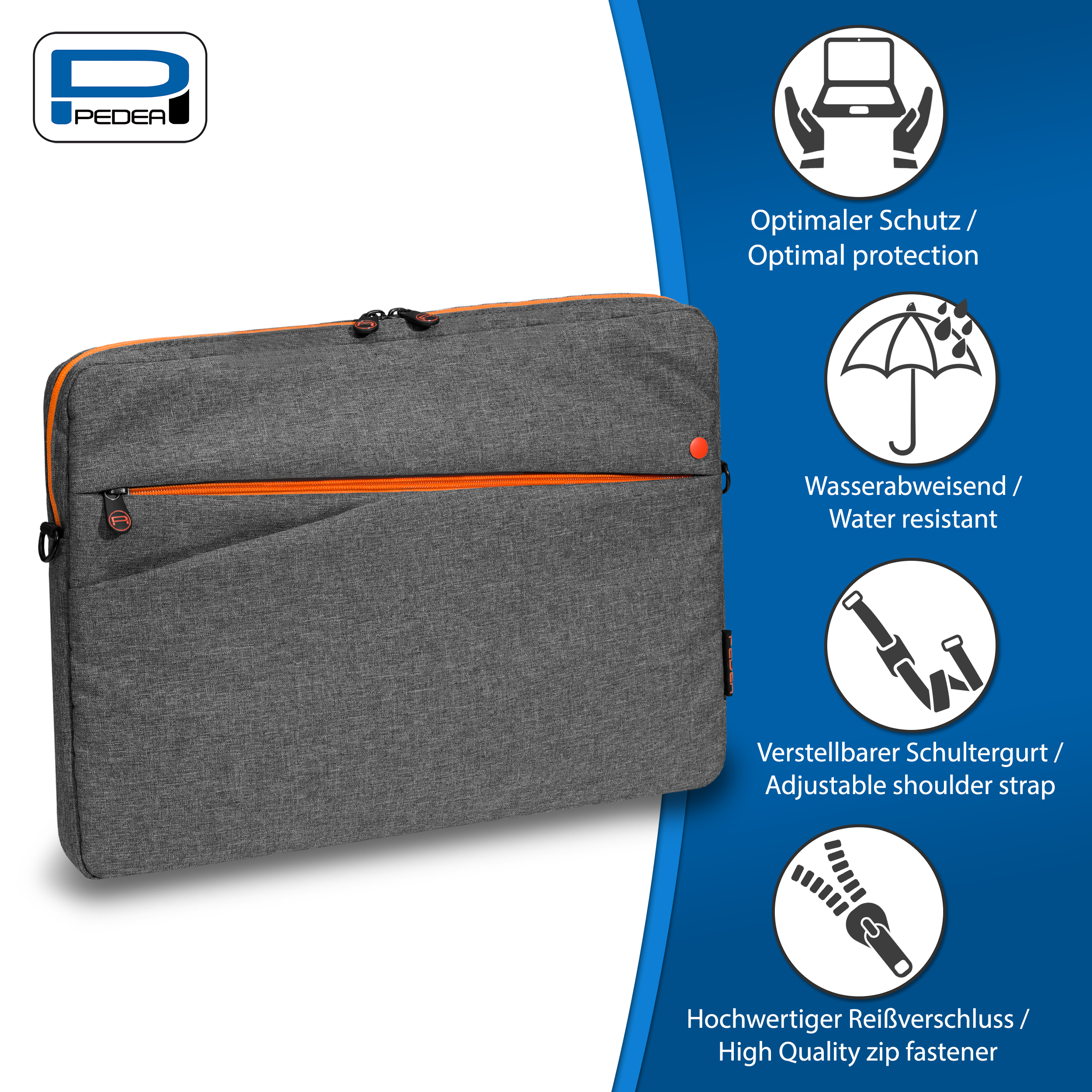 Eine graue Laptoptasche mit orangefarbenem Reißverschluss und Funktionsillustration.