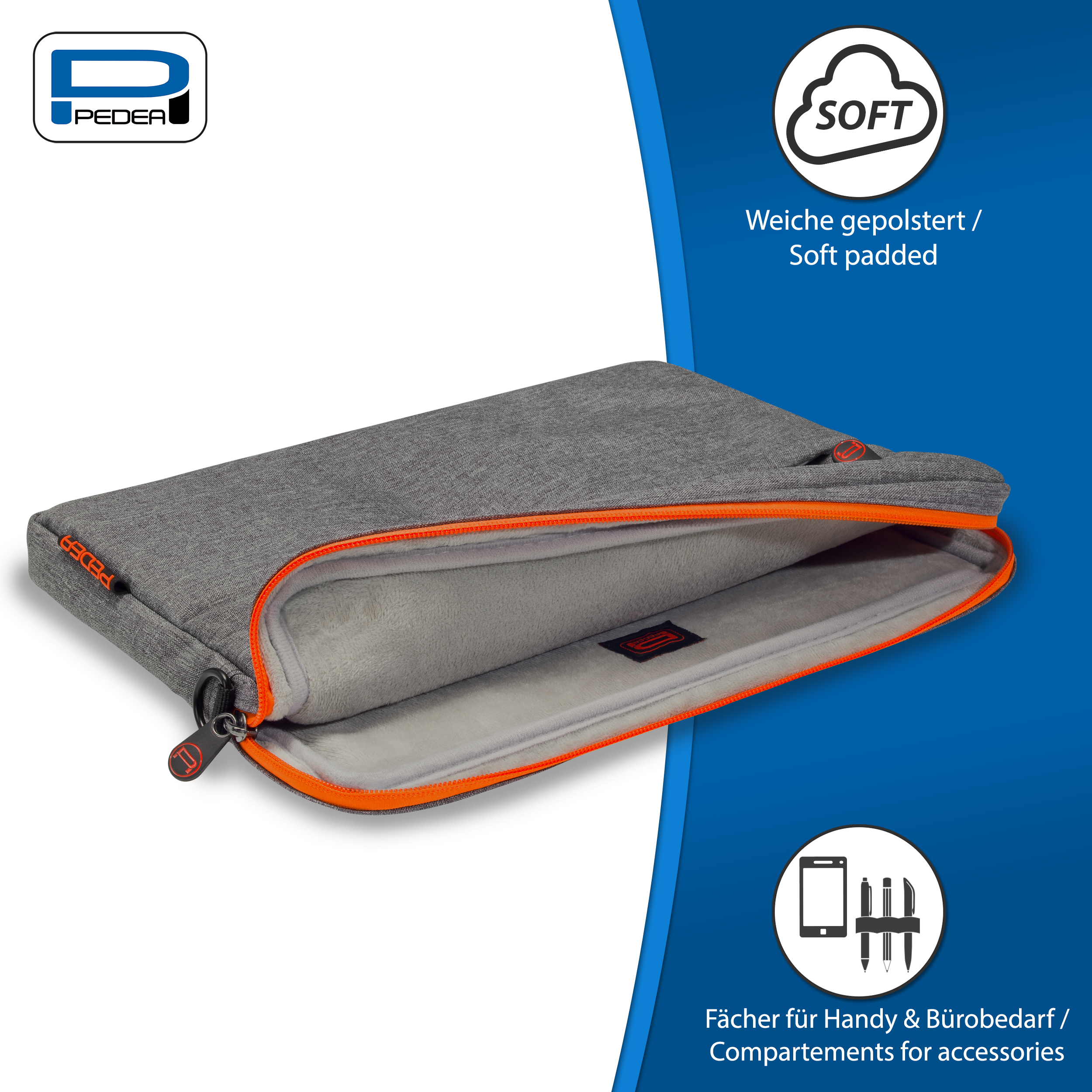 Graue Laptoptasche mit orangenem Reißverschluss und Text, mit Symbolen.