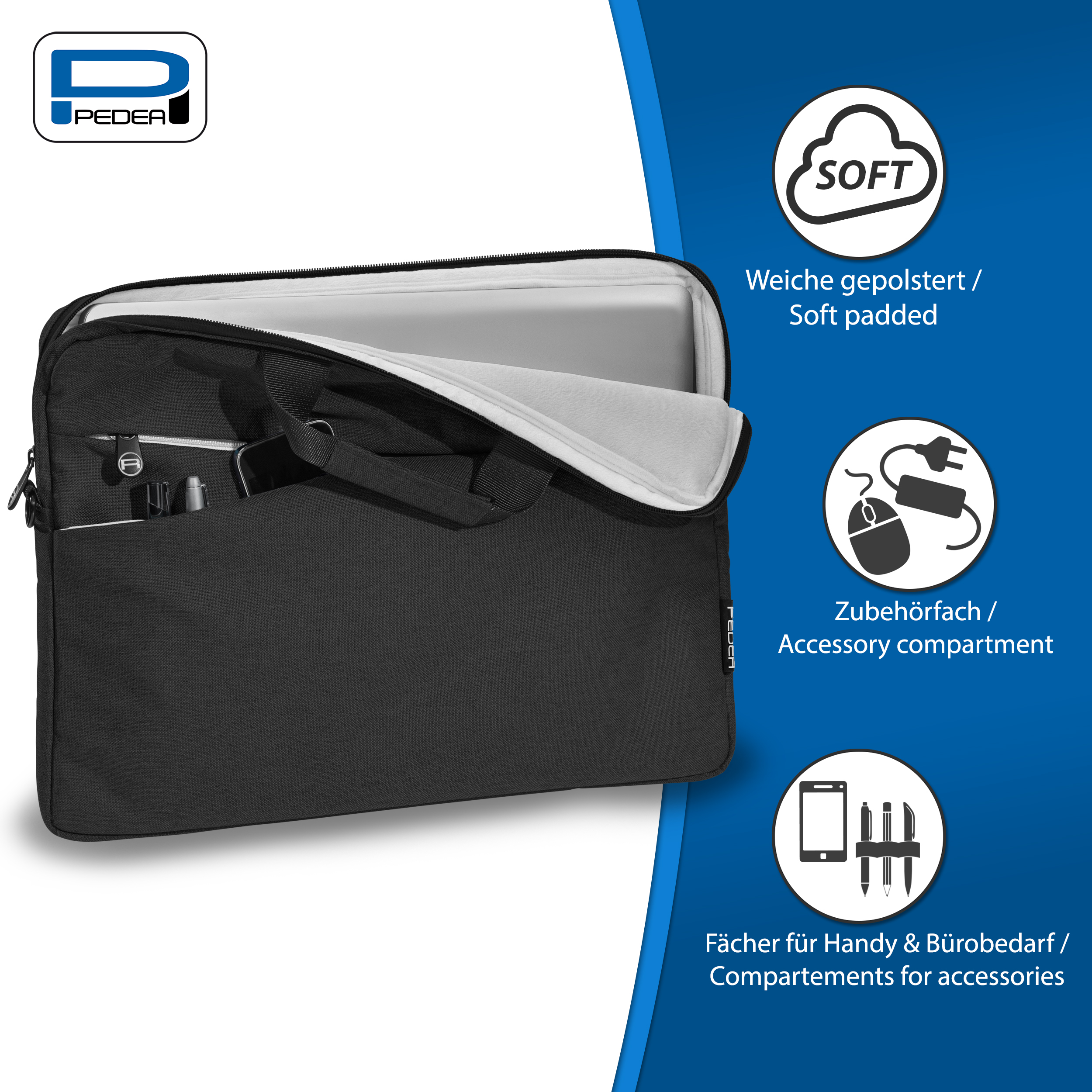 Borsa nera per laptop con cerniera aperta. Include imbottitura morbida e scomparti accessori.